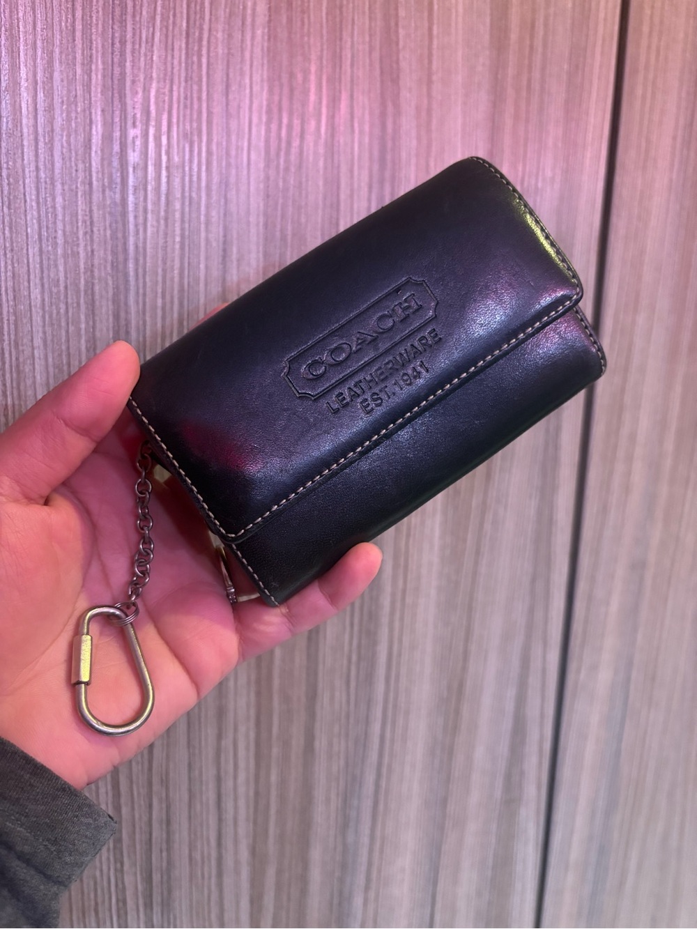Coach Black Leather Key Wallet with Chain Clip